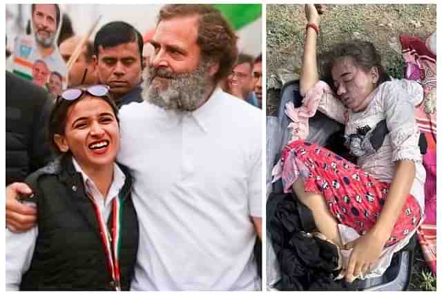 Himani Narwal with Rahul Gandhi during Bharat Jodo Yatra (L), found dead in suitcase (R)