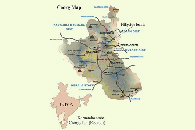 The Kodagu region on a map of India and Karnataka