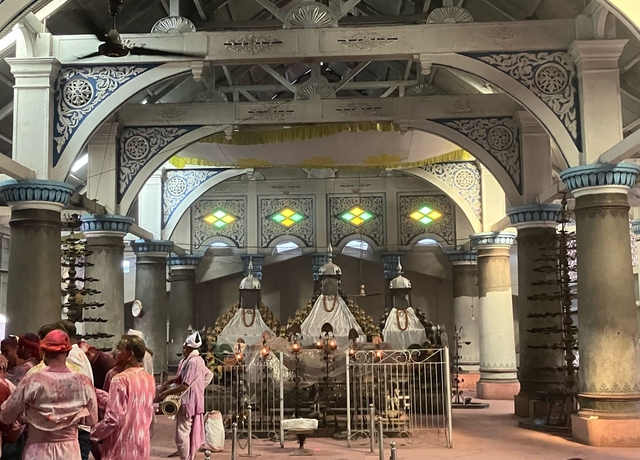 The garbha griha (sanctum sanctorum), in which the Asanas are placed containing the main object of worship (usually a copy of the Bhagavata Purana in manuscript or an idol)