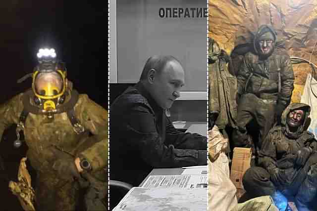 Russian President Vladimir Putin (center) and pictures from Operation Potok/Flow (left and right).