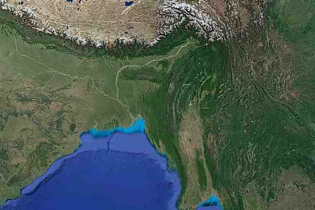 Satellite view of Northeast India, Bhutan, Bangladesh, Myanmar, and further South East (via Google Maps).