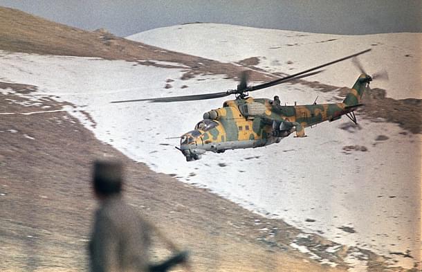 A low-flying Afghan helicopter gunship in Afghanistan.