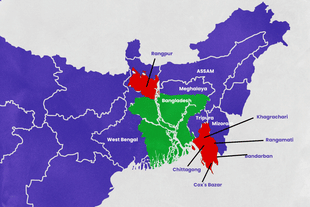 Rangpur division and south-east part of Chittagong division marked in red in this map.