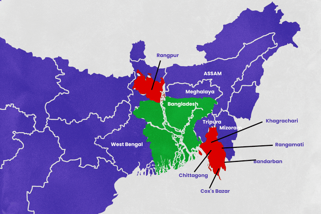Rangpur division and south-east part of Chittagong division marked in red in this map.