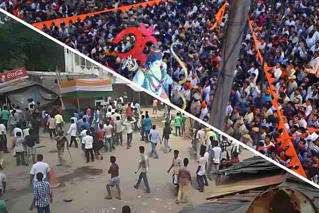 Muslim mobs attacking Hindu houses and shops at Mothabari in Malda district last week (on bottom left) and a Ram Navami rally in Bengal (on top right).
