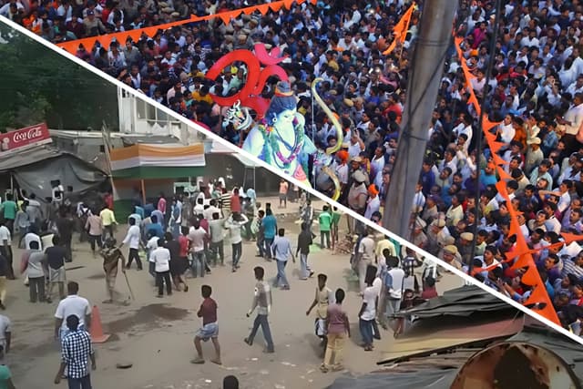 Muslim mobs attacking Hindu houses and shops at Mothabari in Malda district last week (on bottom left) and a Ram Navami rally in Bengal (on top right).
