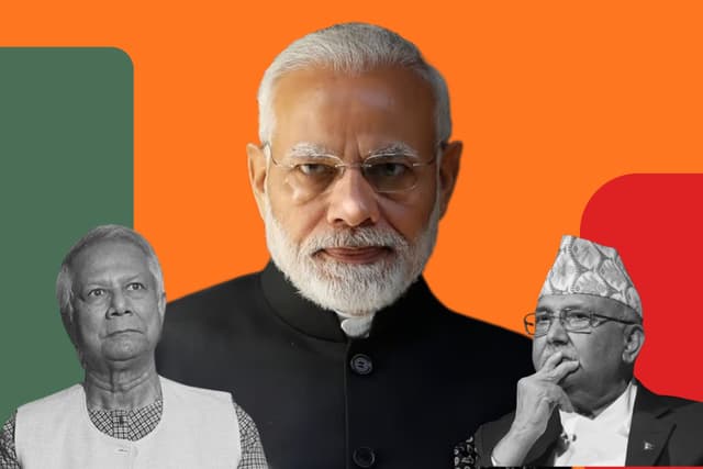 PM Modi (center), Nepal PM KP Oli (right), and Bangladesh Chief Advisor Mohammad Yunus (left).