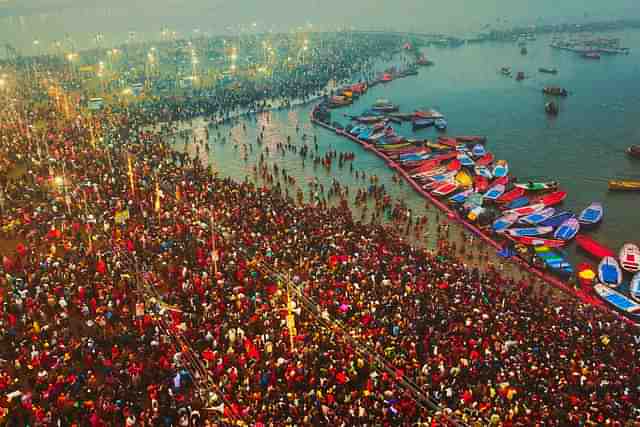 A drone shot of the devotees on a ghat at Mahakumbh 2025.