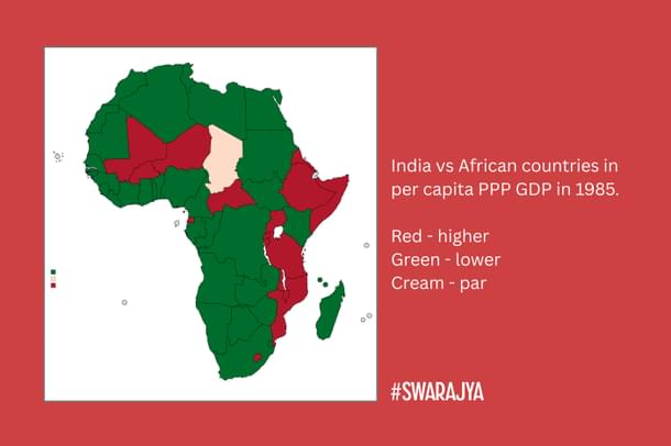 Figure 2: India vs African countries in per capita PPP GDP in 1985. Red - higher, green - lower, cream - par.