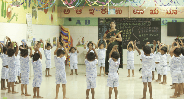 Children in a creche at a Shahi factory in Karnataka