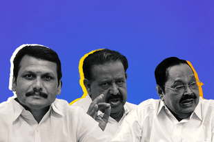 (From left to right) DMK leaders Senthil Balaji, K Ponmudy, and Durai Murugan