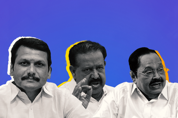 (From left to right) DMK leaders Senthil Balaji, K Ponmudy, and Durai Murugan