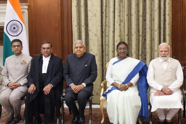 L to R: Former CJI D Y Chandrachud, CJI Sanjiv Khanna, VP Jagdeep Dhankhar, President Droupadi Murmu and PM Narendra Modi