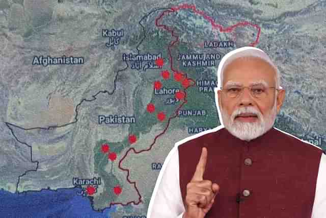Prime Minister Narendra Modi and the geographic locations of Pakistani sites hit by India.