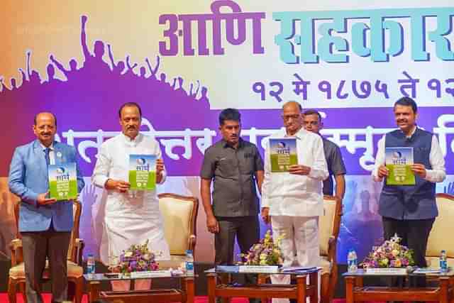 R to L: Devendra Fadnavis, Sharad Pawar and Ajit Pawar in a function on 12 May 2025