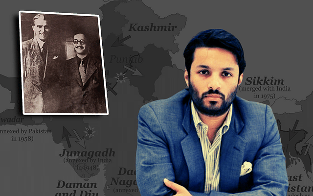 Left: A photo of Mohammad Amir Ahmad Khan with Muhammad Ali Jinnah. Right: Amir Ahmad Khan's grandson, Ali Khan Mahmudabad. 