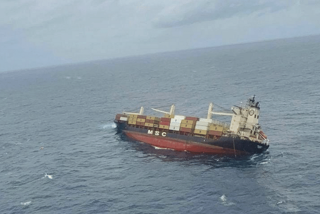 The liberian-flagged cargo ship listed dangerously approximately 38 nautical miles southwest of Kochi.