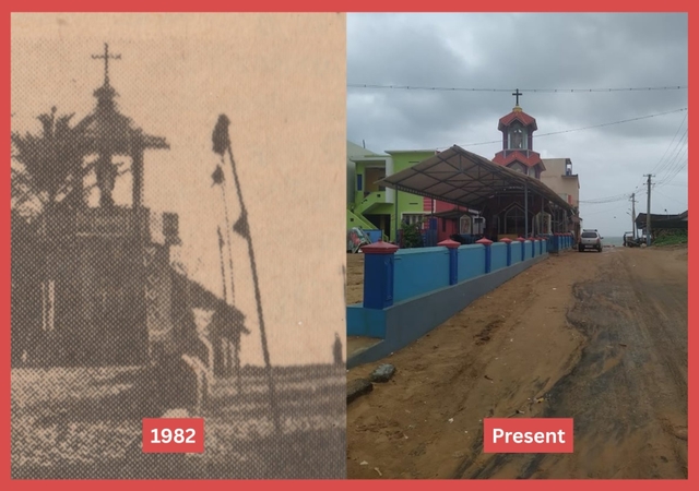 Comparison of Crucifix tower then (1982) now an expanded shrine (2025)