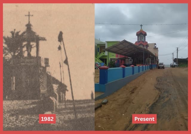 Comparison of Crucifix tower then (1982) now an expanded shrine (2025)