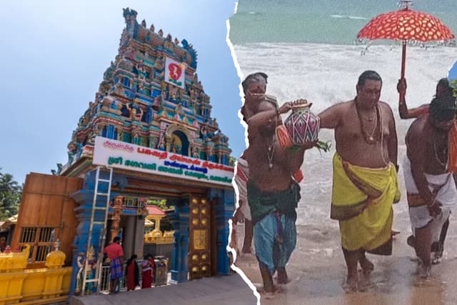 The Mandaikaadu temple (left) and its priest (right) completing a ritual on foot