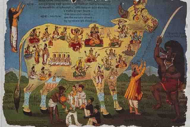 A pamphlet protesting cow slaughter, first created in 1893. A meat eater (mamsahari) is shown as a demon wielding a sword, with a man telling him “Don’t kill, cow is life-source for all”. It was interpreted by Muslims in the British Raj to be representing them (redrawn Raja Ravi Varma c. 1897). 