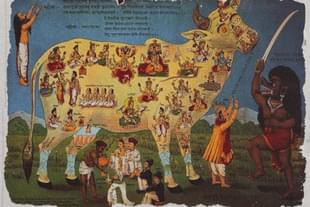 A pamphlet protesting cow slaughter, first created in 1893. A meat eater (mamsahari) is shown as a demon wielding a sword, with a man telling him “Don’t kill, cow is life-source for all”. It was interpreted by Muslims in the British Raj to be representing them (redrawn Raja Ravi Varma c. 1897).