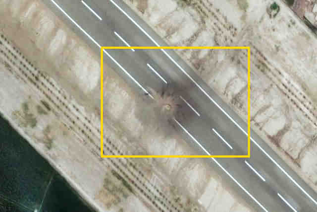 A deep crater marks the runway at Rahim Yar Khan Airbase.