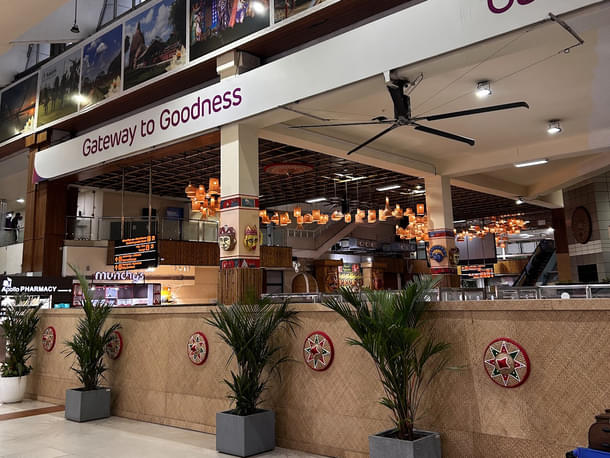 Food court area at Guwahati airport with local decor