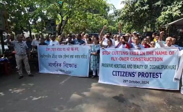 Citizens protest the felling of trees in Dighalipukhuri.