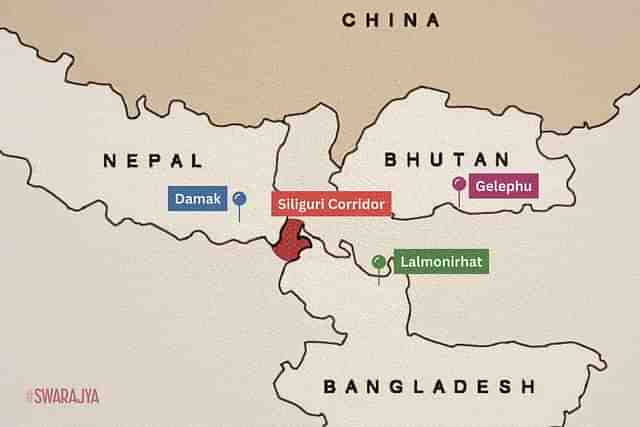 Map of North-east India, Nepal, Bhutan, China, and Bangladesh showing the Siliguri Corridor's strategic location. [Swarajya]