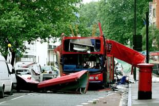 Wreckage of a double-decker bus that was destroyed by a suicide bomb detonated on it in Tavistock Square, London, one of the terrorist attacks on that city on July 7, 2005.