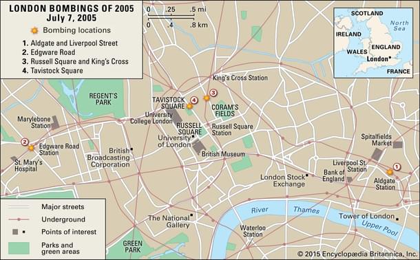 Targets of the July 7, 2005, terrorist attacks in London. 
(via Encyclopædia Britannica).