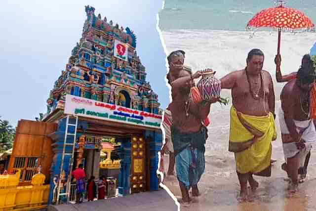 The Mandaikaadu temple (left) and its priest (right) completing a ritual on foot.