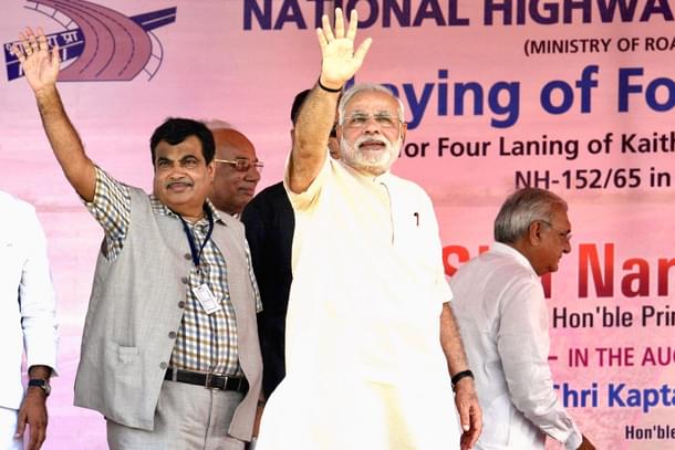 Prime Minster Narendra Modi with Union Minister of Road Transport and Highways, Nitin Gadkari. (Gurpreet Singh/Hindustan Times via Getty Images)