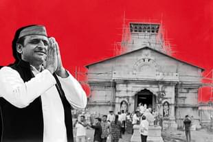 Akhilesh Yadav with his under-construction temple, Kedareshwar Dham, in the background.