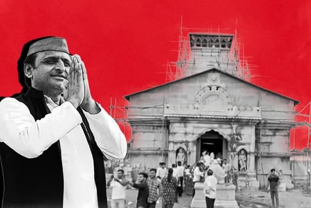 Akhilesh Yadav with his under-construction temple, Kedareshwar Dham, in the background.