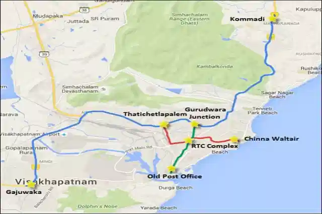 Map showing the three corridors under Phase 1 of the Vizag Metro project — Steel Plant Junction to Kommadi, Gurudwara to Old Post Office, and Thatichatiapalem to RK Beach. (Pic Via X)

