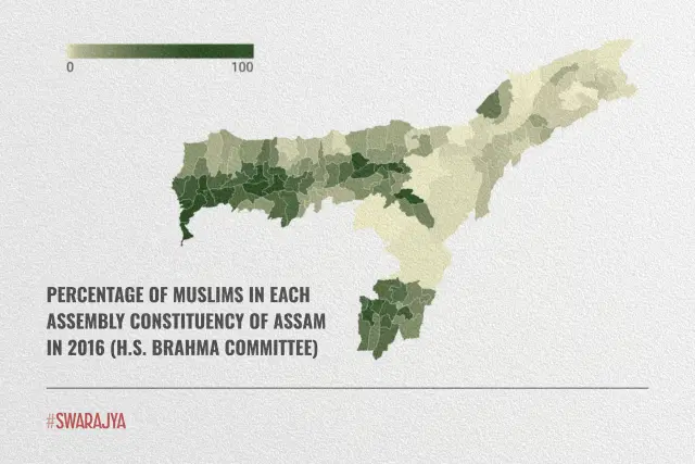 Percentage of Muslims in each Assembly constituency of Assam in 2016, as per H.S. Brahma Committee.