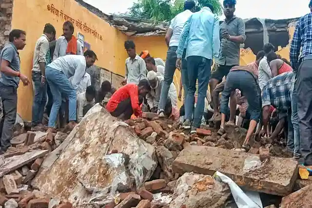 Fire and emergency personnel conduct rescue operations at the collapse site in Rajasthan. (Pic Via X)