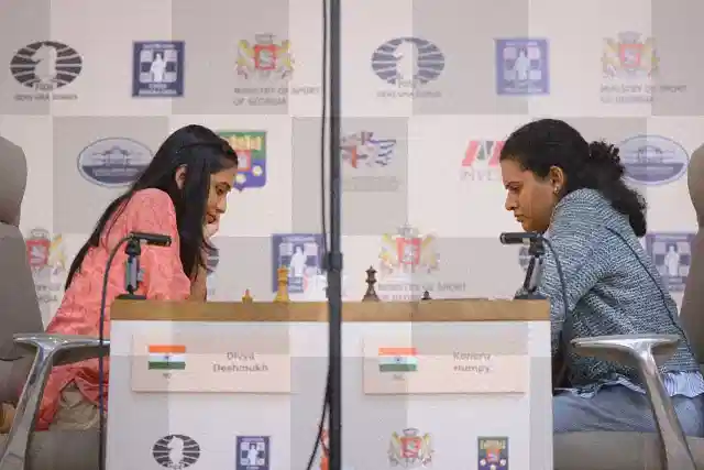 Divya Deshmukh [left] became FIDE Women's World Chess Champion 2025 after a final against co-Indian Koneru Humpy.