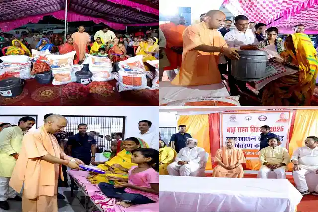 CM Yogi Adityanath distributes relief material to flood-affected families (Pic Via X)