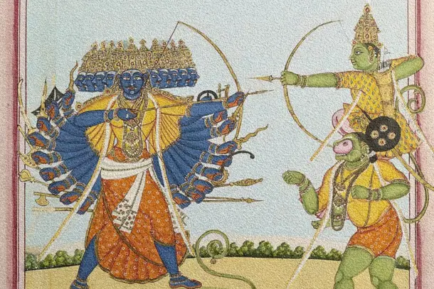 Lord Ram and Lord Hanuman fighting Raavan (painting from Tamil Nadu, 1820)