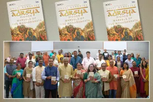 Chief Guest Prakash Belawadi, Special Guests Abhinav Agarwal, Dr. Arun Krishnan, and Sai Swaroopa Iyer, alongside the contributing authors at the launch event of 'Adṛsya: Hidden Marvels of the Mahābhārata'.