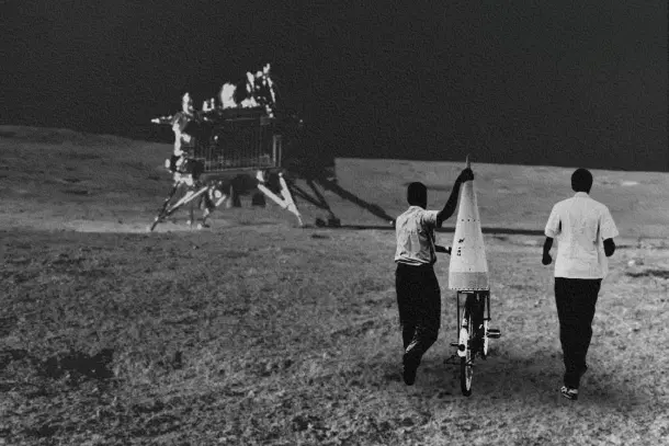 Image of Chandrayaan 3's Vikram lander on lunar surface taken by Pragyan rover in 2023 (background) and ISRO officials carry part of a rocket on a bicycle in 1963 (foreground).
