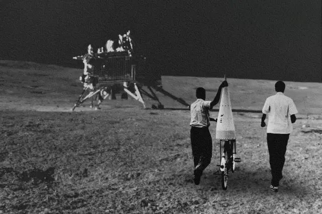 Image of Chandrayaan 3's Vikram lander on lunar surface taken by Pragyan rover in 2023 (background) and ISRO officials carry part of a rocket on a bicycle in 1963 (foreground).
