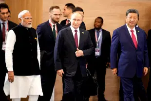 Prime Minister Narendra Modi with Presidents Xi Jinping and Vladimir Putin. (X)