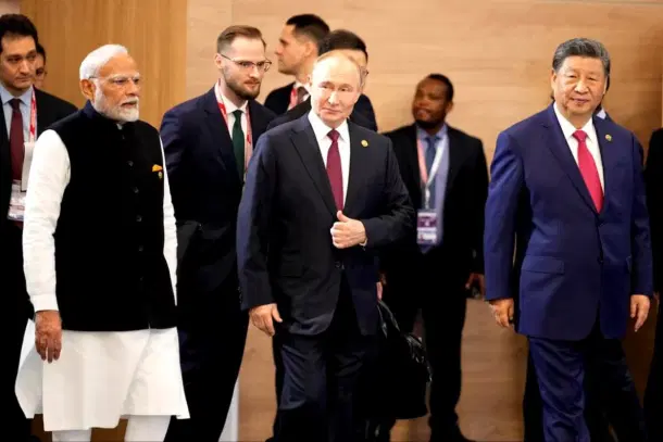 Prime Minister Narendra Modi with Presidents Xi Jinping and Vladimir Putin. (X)