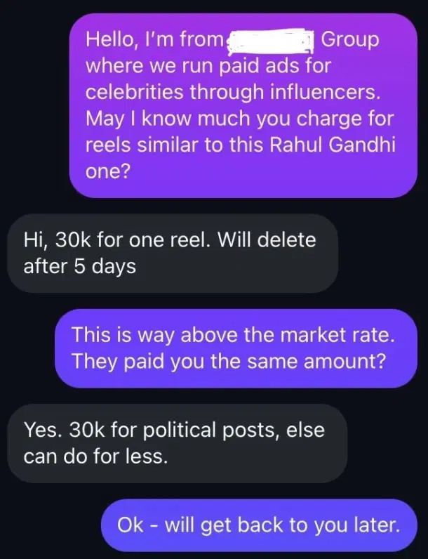 Chat with an influencer regarding the rates for posting reel about Rahul Gandhi.