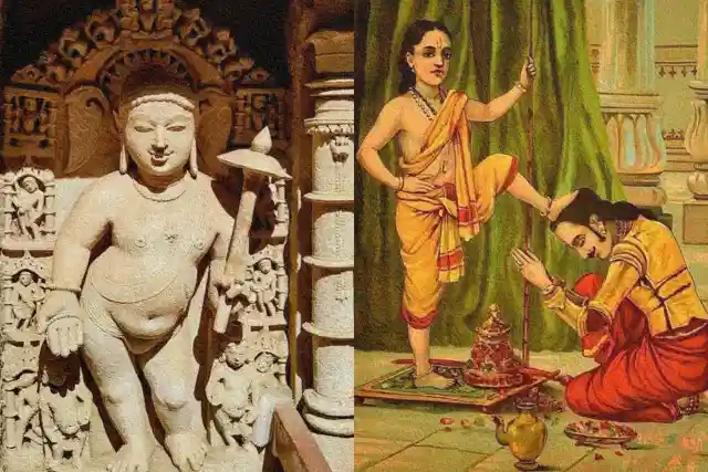 Vamana at Rani ki Vav, Gujarat (left)  and ‘Vamana’ by Raja Ravi Varma (right).