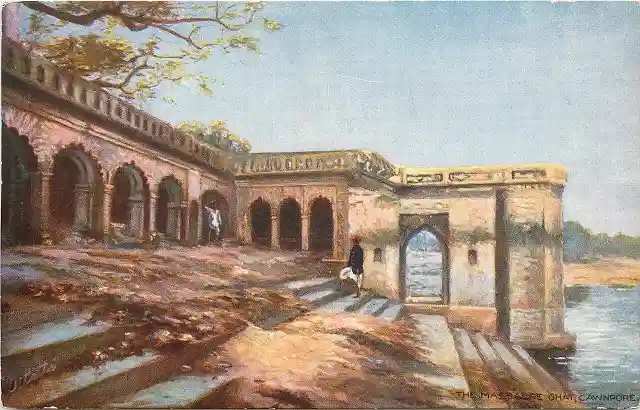 Postcard featuring the Massacre Ghat or the Satti Chaura Ghat in Kanpur.